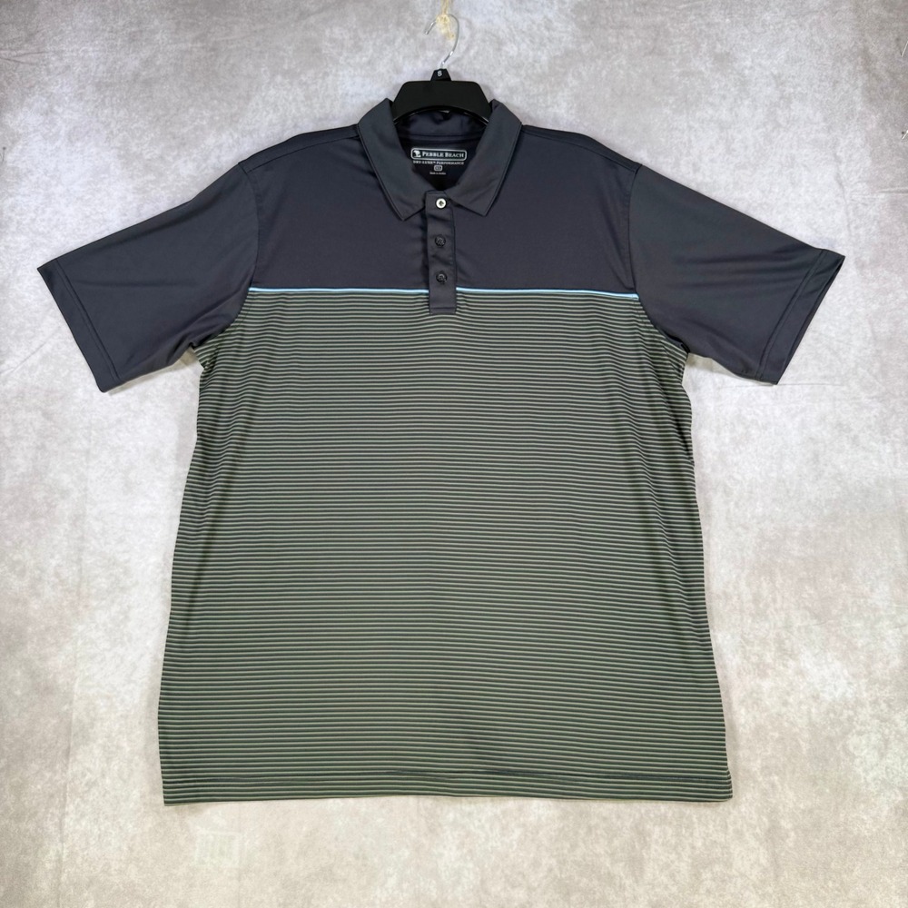Pebble Beach Dry-Luxe Performance Polo Shirt Mens‎ XL Striped Navy Olive Green